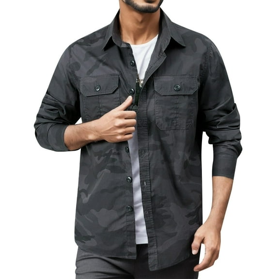 Rggeeun Mens Shirts Male Fashion Casual Lapel Long Sleeve Tooling Loose Outdoor Casual Camouflage Shirt Coat Tops