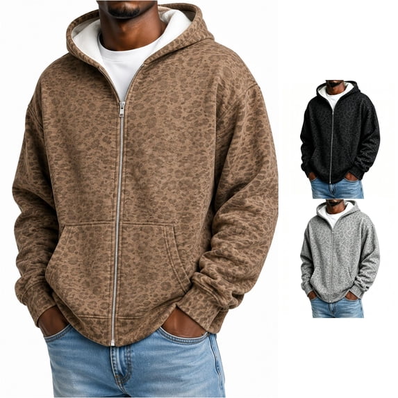 Rggeeun Mens Sweatshirt Leopard Graphic Zip Up Hoodie Oversized Sweatshirt Fall Winter Fashion Long Sleeve Tops Outdoor Wear Comfort,Brown,2XL