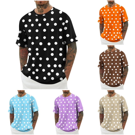 Rggeeun Mens T-Shirts Dots Pattern Short Sleeve Crew Neck Loose Fit Soft Breathable for Summer Office Wear Basic Tee,Black,Xl