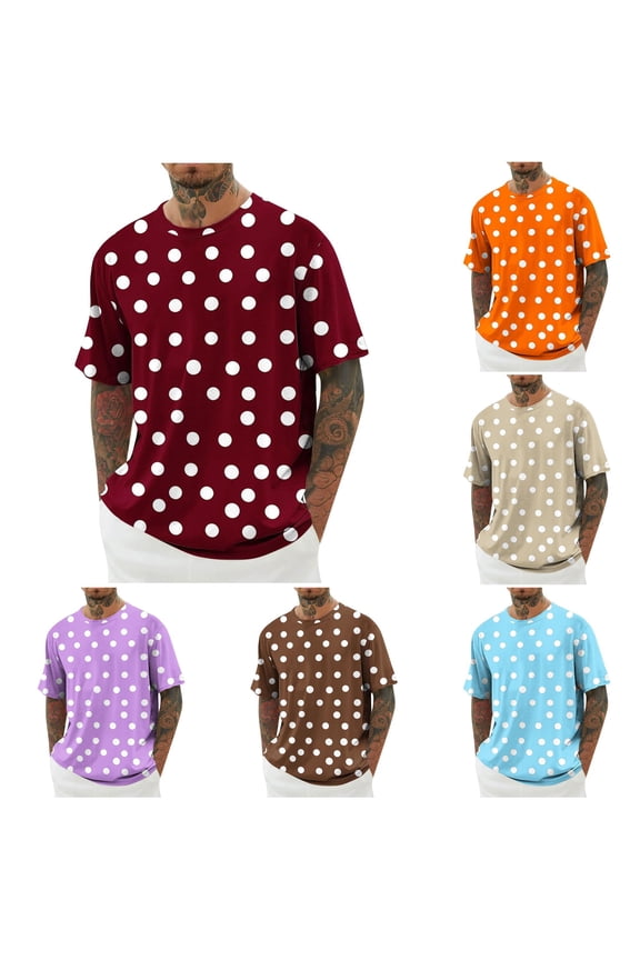 Mens T-Shirts Dots Pattern Short Sleeve Crew Neck Loose Fit Soft Breathable for Summer Outdoor Wear Leisure Tee,Red,Xl