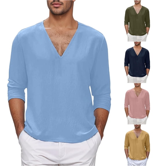 Rggeeun Mens T-Shirts Solid Color Long Sleeve V Neck Loose Fit Soft Breathable for Summer Beach Wear Classic Tee,Blue,L
