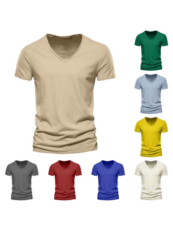 Mens T-Shirts Solid Color Short Sleeve V Neck Blend Loose Fit Soft Breathable for Summer Beach Wear Leisure Tee,Beige,S