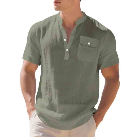 Rggeeun Mens T-Shirts Solid Color Short Sleeve V Neck With Front Buttons & Pocket Trim Pleated Loose Fit For Summer Play Sports Trendy Tops,Army Green,Xl