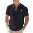thumbnail image 1 of Rggeeun Mens T-Shirts Solid Color Short Sleeve V Neck With Front Buttons & Pocket Trim Pleated Loose Fit For Summer Holiday Delicate Tops,Black,Xl, 1 of 8