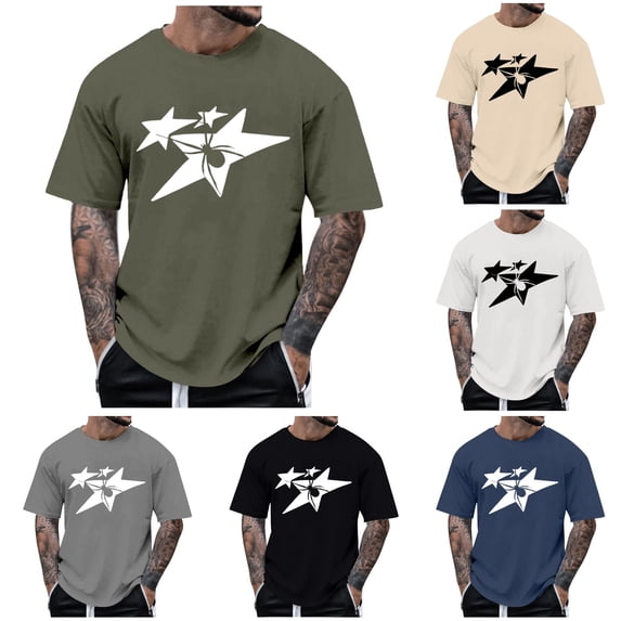 Rggeeun Mens T-Shirts Star Print Short Sleeve Crew Neck Loose Fit Soft Breathable for Summer Beach Wear Fashion Tee,Green,Xl