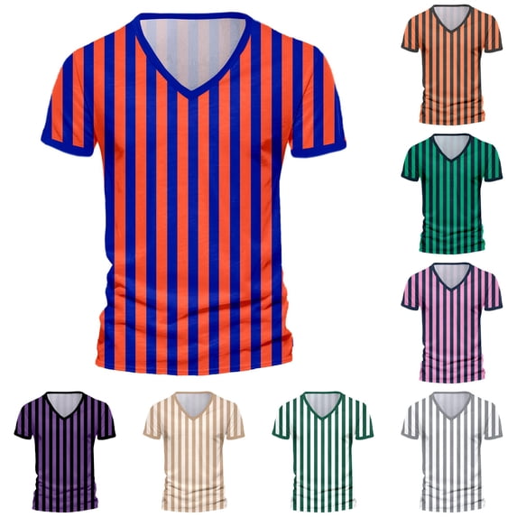 Rggeeun Mens Tee Shirts Colorful Vertical Striped Pattern Short Sleeve V Neck Loose Fit Soft Breathable for Summer Streetwear Cozy Tees,Blue,L