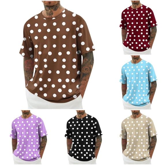Rggeeun Mens Tee Shirts Dots Pattern Short Sleeve Crew Neck Loose Fit Soft Breathable for Summer Everyday Wear Leisure Tees,Brown,M