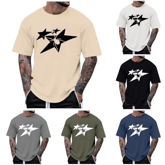 Rggeeun Mens Tee Shirts Star Print Short Sleeve Crew Neck Loose Fit Soft Breathable for Summer Beach Lounging Stylish Tees,Beige,M