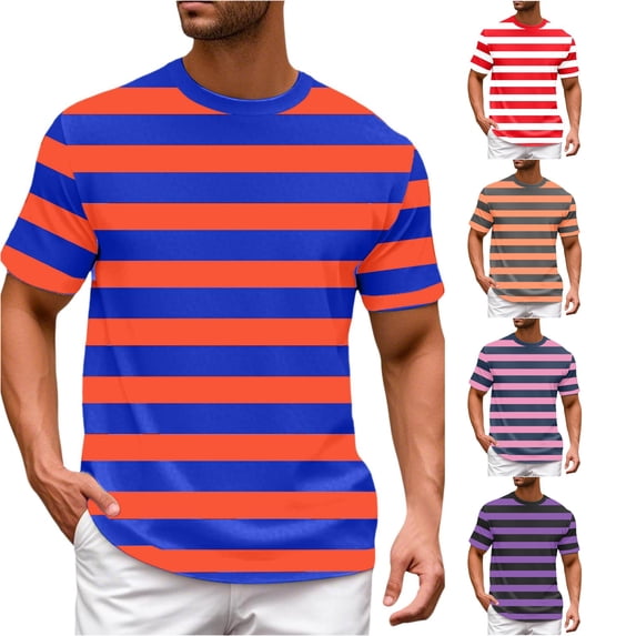 Rggeeun Mens Tshirts Colorful Striped Pattern Short Sleeve Crew Neck Loose Fit Soft Breathable for Summer Beach Lounging Cool Shirts,Pink,S