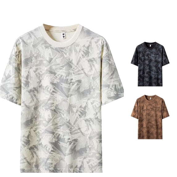 Rggeeun Mens Tshirts Tie-Dye Pattern Short Sleeve Crew Neck Loose Fit Soft Breathable for Summer Daily Wear Fashion Shirts,Beige,L