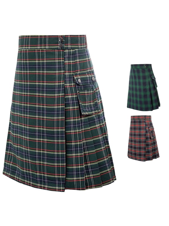 Midi Skirts for Women Plaid Pleated Kilt Skirt with Cargo Pocket Wrap Skirt Elastic Waist Outdoor Activities,Green,5XL