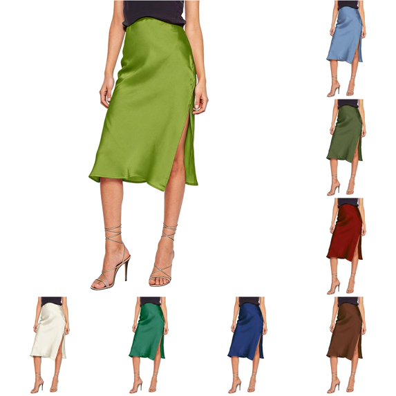 Rggeeun Midi Skirts for Women Satin A-Line Skirt with Side Slit Flowy Solid Color Skirt elastic Waist Outdoor Picnics,Green,L