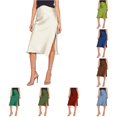 thumbnail image 1 of Rggeeun Midi Skirts for Women Satin A-Line Skirt with Side Slit Flowy Solid Color Skirt elastic Waist Outdoor Play,Beige,S, 1 of 6