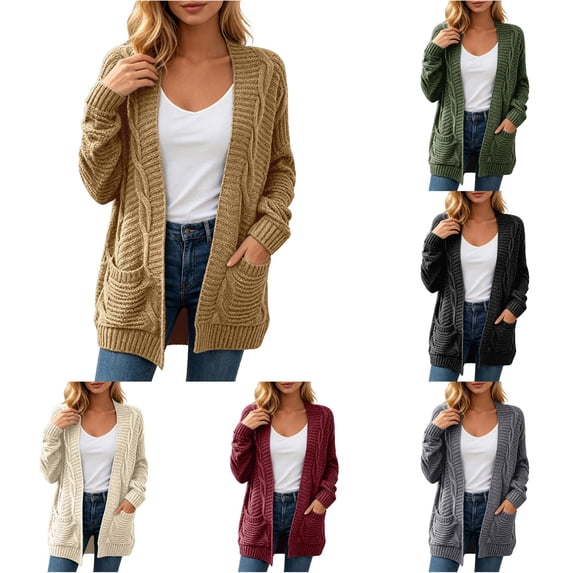 Rggeeun Oversized Cardigan Sweaters for Women Cable Knit Cardigan Long Sleeve Open Front Outerwear Casual Knit Tops with Pockets Party Night Stylish,Beige,L