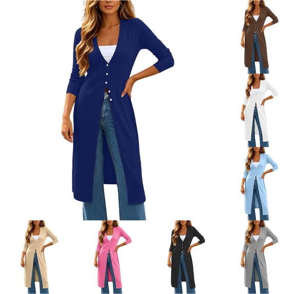 Rggeeun Oversized Cardigan Sweaters for Women Fall Cardigans Open Front Long Sleeve Coat Button Down Lightweight V Neck Outerwear Daily Wear Trendy,Blue,L