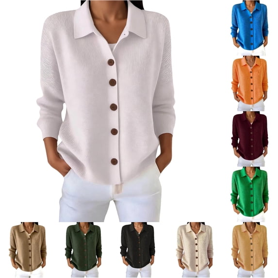 Rggeeun Oversized Cardigan Sweaters for Women Lightweight Cardigans Long Sleeve Ribbed Button Down Fall Knit Tops Lapel Collar Casual Outerwear Everyday Use Versatile,White,M