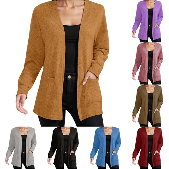 Rggeeun Oversized Cardigan Sweaters for Women Fall Cardigans Open Front Long Sleeve Knit Tops Casual Clothes with Pockets Outdoor Leisure,Brown,S