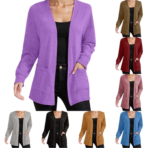 Rggeeun Oversized Cardigan Sweaters for Women Fall Cardigans Open Front Long Sleeve Knit Tops Casual Clothes with Pockets Outdoor Versatile,Purple,S