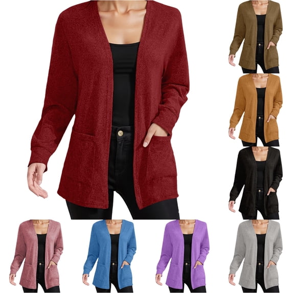 Rggeeun Oversized Cardigan Sweaters for Women Fall Cardigans Open Front Long Sleeve Knit Tops Casual Clothes with Pockets Party Night Trendy,Red,4XL