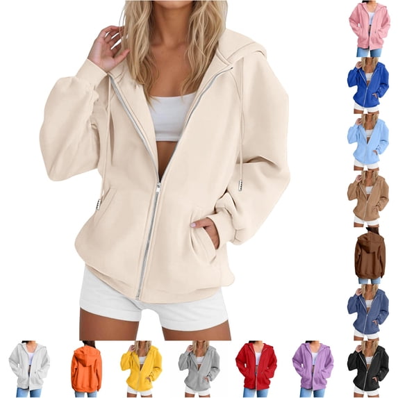 Rggeeun Oversized Sweatshirt for Women Zip Up Hoodie Plus Size Long Sleeve with Drawstring & Pockets Solid Color Sweatshirts Everyday Use Elegant,Beige,S
