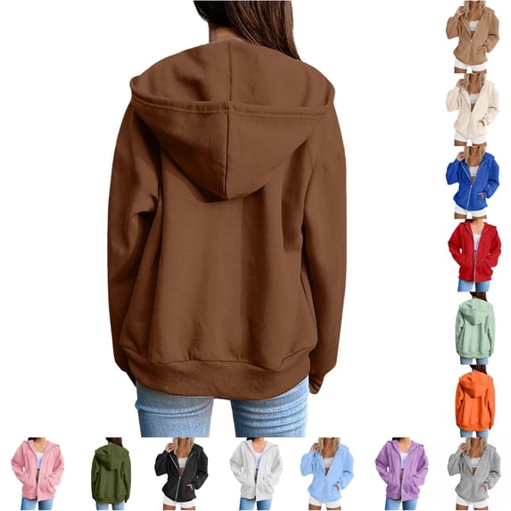 Rggeeun Oversized Sweatshirt for Women Zip Up Hoodie Plus Size Long Sleeve with Drawstring & Pockets Solid Color Sweatshirts Everyday Wear Classic,Brown,5XL
