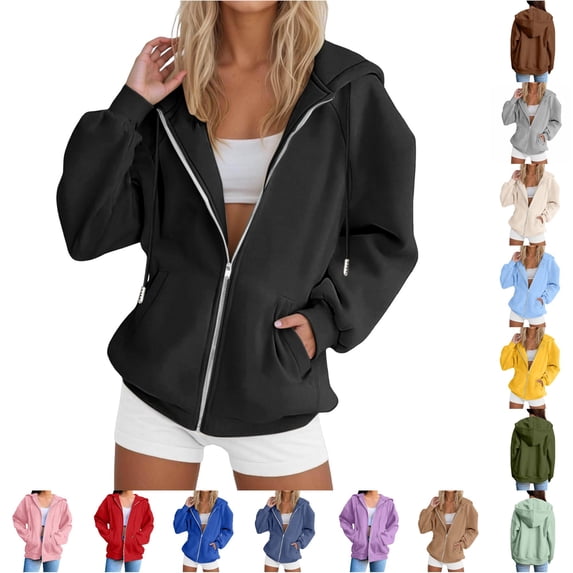 Rggeeun Oversized Sweatshirt for Women Zip Up Hoodie Plus Size Long Sleeve with Drawstring & Pockets Solid Color Sweatshirts Outdoor Wear Trendy,Black,S