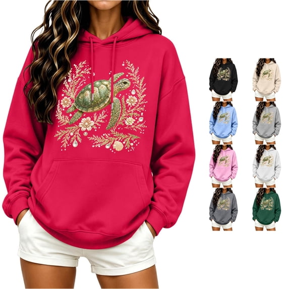 Rggeeun Oversized Sweatshirt for Women Hoodie Cartoon Animal Graphic Long Sleeve with Pocket & Drawstring Pullover Outdoor Play Casual,Red,2XL