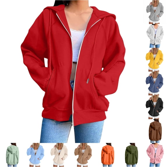 Rggeeun Oversized Sweatshirt for Women Zip Up Hoodie Plus Size Long Sleeve with Drawstring & Pockets Solid Color Sweatshirts Play Sports Cozy,Red,M
