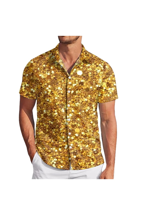 Shirts For Men Male Carnival Fashion Sequins Short Sleeve Lapel Button Down Shirt Top Comfort