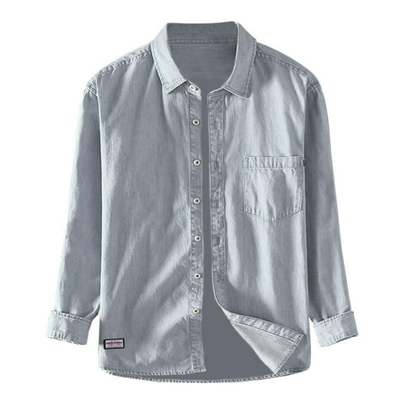 Rggeeun Shirts For Men Male Denim Shirt Lapel Long Sleeve Jean Work Shirts Regular Fit Button Down Shirts With Pockets Solid Color Classic Tops