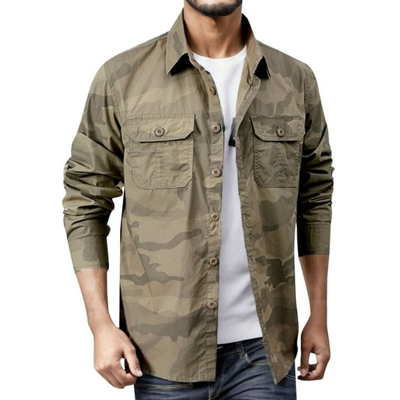 Rggeeun Shirts For Men Male Fashion Casual Lapel Long Sleeve Tooling Loose Outdoor Casual Camouflage Shirt Coat Comfort Tops