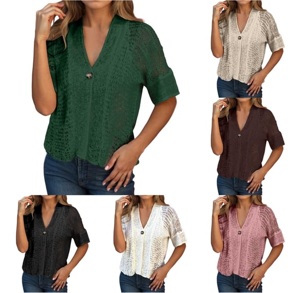 Rggeeun Short Sleeve Cardigan for Women Lightweight Cardigans Button Down Hollow-Out Knit Tops V Neck Casual Clothes Outdoor Activities Comfort,Green,L
