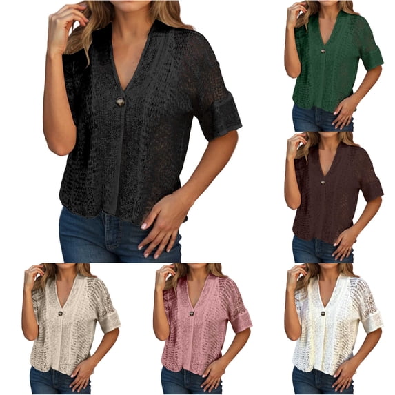 Rggeeun Short Sleeve Cardigan for Women Lightweight Cardigans Button Down Hollow-Out Knit Tops V Neck Casual Clothes Evening Party Leisure,Black,2XL