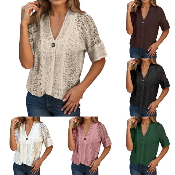 Rggeeun Short Sleeve Cardigan for Women Lightweight Cardigans Button Down Hollow-Out Knit Tops V Neck Casual Clothes Everyday Wear Relaxed,Beige,XL