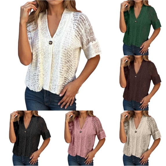 Rggeeun Short Sleeve Cardigan for Women Lightweight Cardigans Button Down Hollow-Out Knit Tops V Neck Casual Clothes Office Wear Stylish,White,3XL