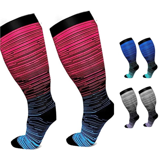 Rggeeun Socks for Women Plus Size Compression Socks Wide Calf Womens Socks Stretch Comfort Striped Socks Fall Winter Travel Party Basic,Pink,2XL