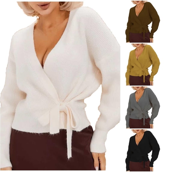Rggeeun Sweaters for Women Wrap Sweater Fall Long Sleeve V Neck Solid Color Knitted Tops Daily Wear Relaxed,White,M