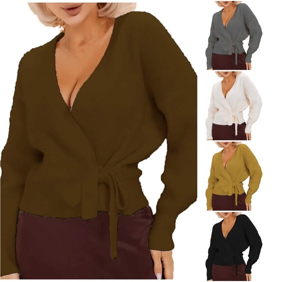 Rggeeun Sweaters for Women Wrap Sweater Fall Long Sleeve V Neck Solid Color Knitted Tops Play Comfort,Brown,M