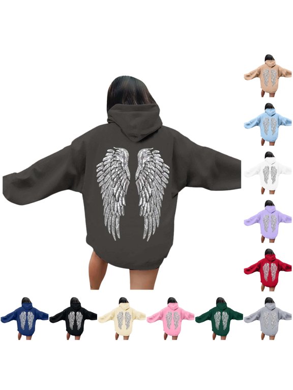 Sweatshirt for Women Hoodie Wing Graphics Sequin Long Sleeve with Drawstring Hooded Large Pocket Loose Fit Autumn Winter Training Simple Tops,Gray,L
