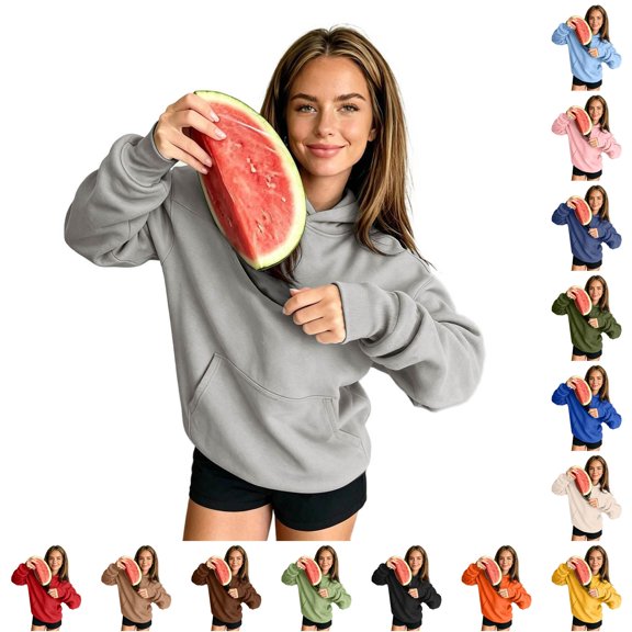 Rggeeun Sweatshirt for Women Snack Hoodie Front Large Pocket Solid Color Plus Size Long Sleeve Hooded Smooth Relaxed Fit Autumn Winter Gym Basic Tops,Gray,Xxxxl