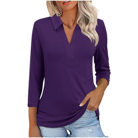 Rggeeun T-Shirts For Women Casual Turn Down Collar Slim Fit Three Quarter Sleeve Solid Color Loose Basic Top Soft Stretch Comfortable Daily Wear Blouse,Purple,Xxl