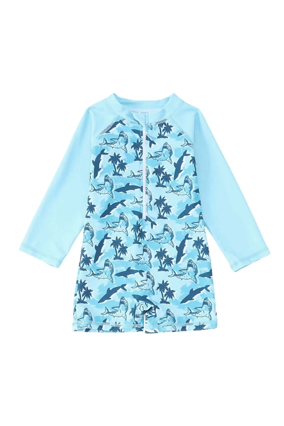 Teen Boys Swimwear Cartoon Ocean Theme Shark & Sailboat Pattern One-Piece Rash Guard Long Sleeve Crew Neck Keyhole Zipper For Splash Fun Casual Bathing Suit,Light Blue,3-6 Months