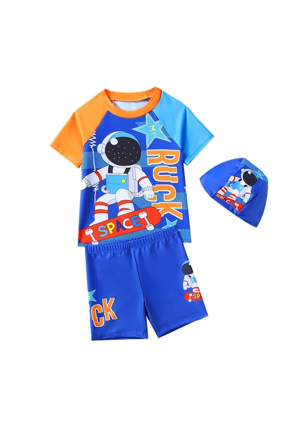 Boys Swimwear Cute Space Theme Astronaut Print 2Pc Short Sleeve Crew Neck Top & Elastic Trunks For Summer Splash Fun Casual Bathing Suit,Multicolour,4-5 Years