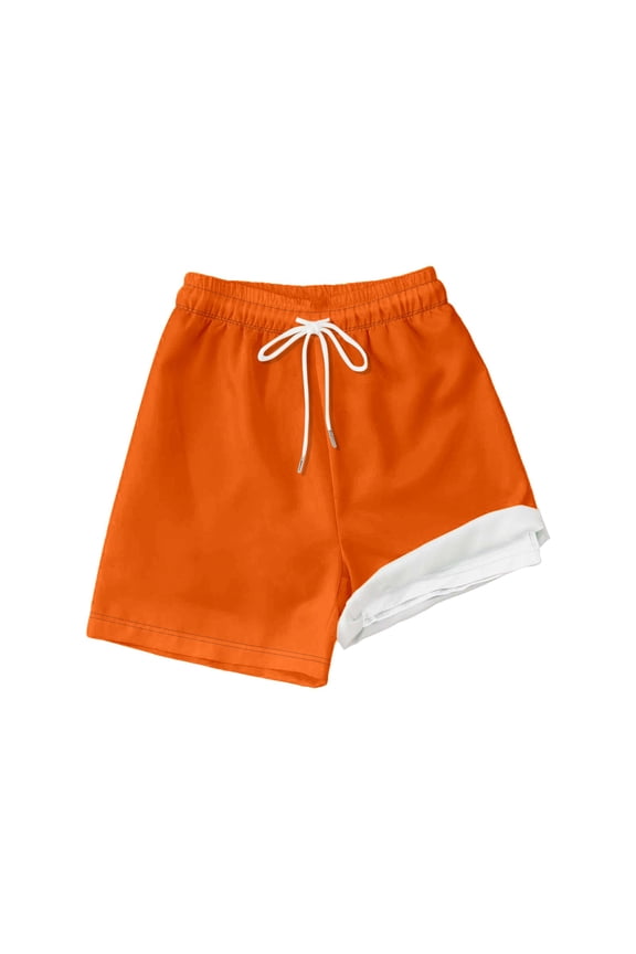 Boys Swimwear Solid Color Swim Trunks Elastic Waist With Drawstring Knit Relaxed Fit For Beach Summer Splash Fun Casual Bathing Suit,Orange,9-10 Years