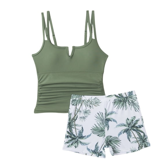 Rggeeun Teen Girls Beachwear Coconut Tree Print Thin Straps Wide Neck Tankini Top With Swim Trunks 2 Piece Set For Lap Swimming Lovely Swimsuit,Multicolour,9-10 Years