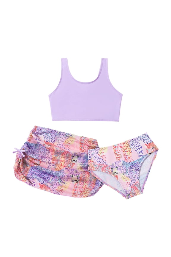 Girls Swimwear Cartoon Leopard Print 3 Piece Set Wide Straps Bikini & Triangle Swim Brief With Cover Up Skirt For Sunbathing Trendy Bathing Suit,Purple,4-5 Years