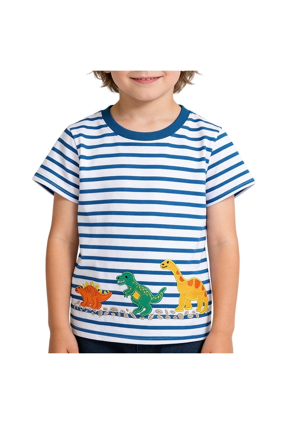 Teenage Boys T-Shirts Short Sleeve With Embroidered Striped Patterns Casual Crew Neck Tee For Kids And Children Comfortable Blend Breathable Tops,Blue,6-7 Years