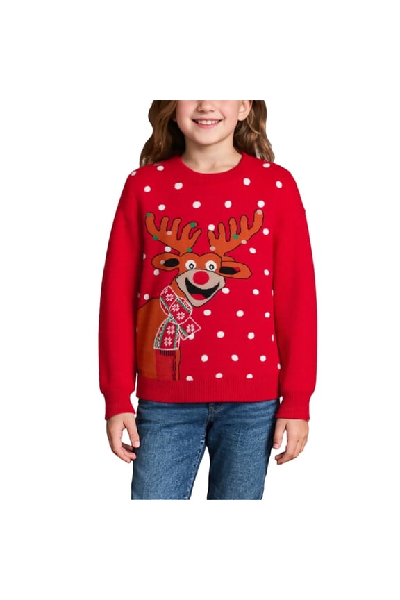 Teenage Girl Sweaters Reindeer Dots Graphics Winter Knit Wear Long Sleeve Crew Neck Festive Apparel For Kids Holiday Celebrations Cozy For Children Seasonal Stylish Knitwear,Red,3-4 Years
