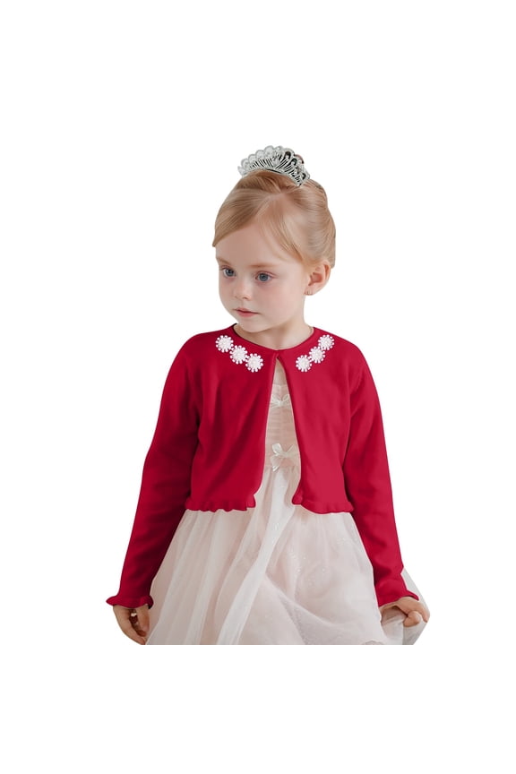 Teenage Girl Sweaters Soft Knit With Floral Beaded Design Long Sleeve Crewneck Cardigan Open Front Coat For Everyday Relaxed Fit Knitwear,Red,11-12 Years