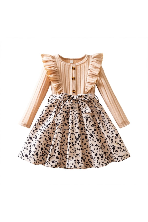 Toddler Autumn Winter Long Sleeve Dress For Girls With Ruffled Sleeves Floral Design For Holiday Party Trendy Casual O-Neck Sundress